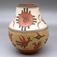 A polychrome jar decorated with images of roadrunners from throughout Zia pottery history
 by Elizabeth Medina of Zia