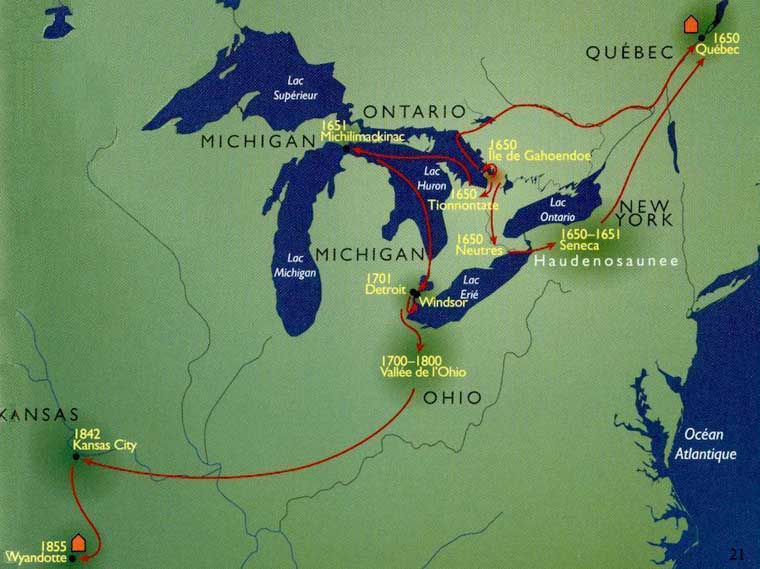 Map showing the moves and timeframes of the Wyandot diaspora